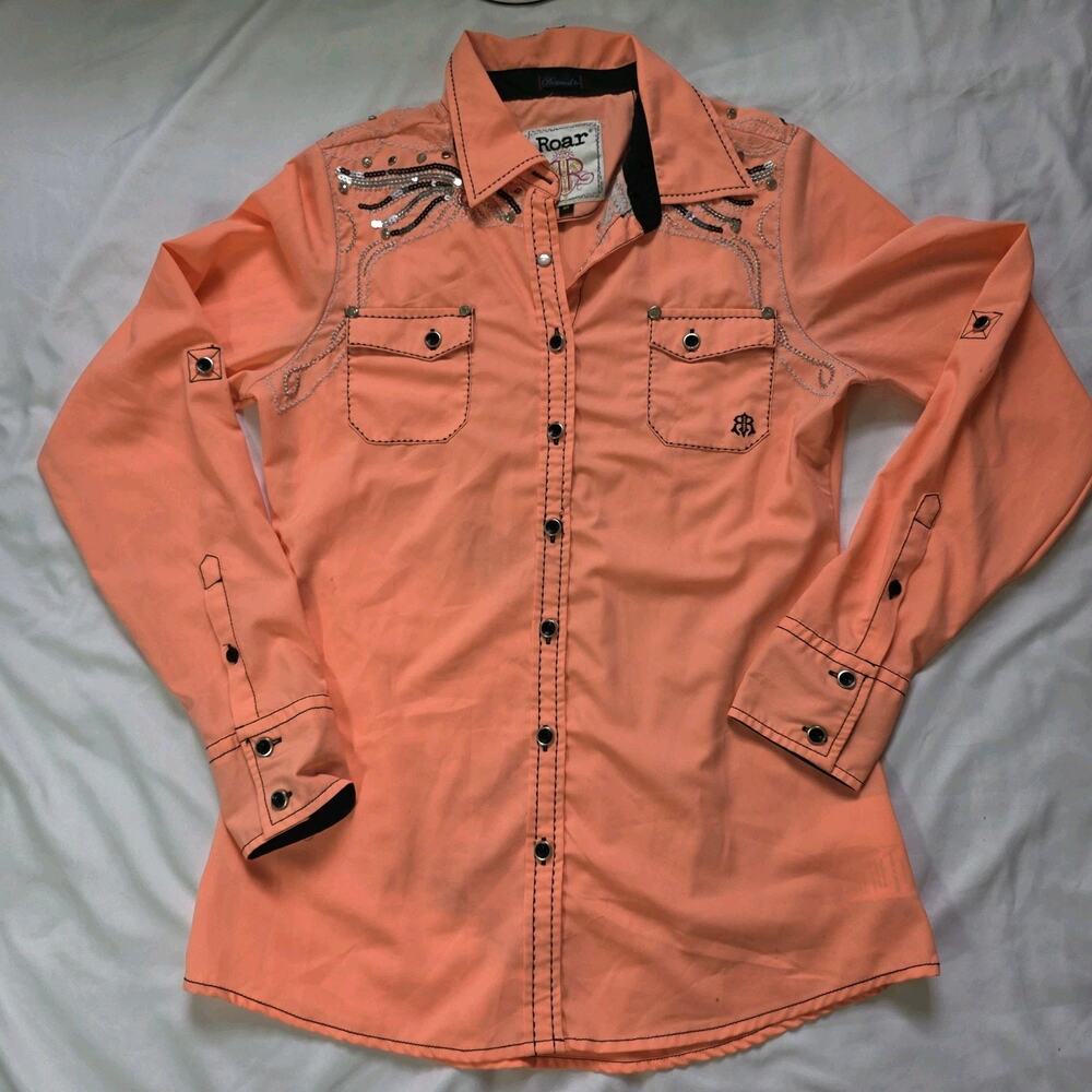 Roar bright coral orange long sleeve western button-down shirt Embroidery Detail